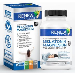 Renew Actives Melatonin with Magnesium Supplement: Magnesium Sleep Aid Vitamins with 10mg of Melatonin - Natural Sleeping Pills for a Calm, Deep Sleep - 120 Capsules.