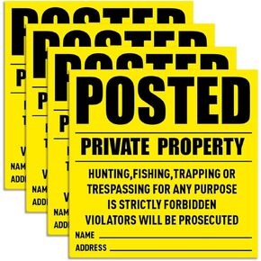 4 Pcs No Trespassing Signs Private Property Reflective Aluminum Posted Signs Metal No Hunting or Trespassing Signs for Warning No Hunting Fishing Trapping Indoor Outdoor Use, 12x12" (Yellow)