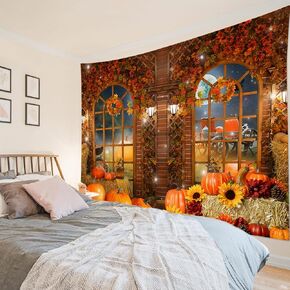 EOBTAIN Fall Thanksgiving Tapestry Wall Hanging Autumn Harvest Sunflower Pumpkin Maple Leaves Tapestries Window Nature Scenery Full Moon Tapestry for Bedroom Living Room Indie Decor,80Wx60H Inches