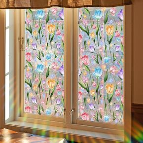 Decorative Window Privacy Film, Removable Colorful Tulip Flower Stained Glass Windows Clings Stickers for Home Office Living Room Bathroom Glass Windows Door Decor (B)