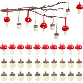 30 Pieces Christmas Felt Acorn Ornaments Mushroom Hanging Ornaments with Rope Wool Felt Acorns Hanging Ornaments for Fall Thanksgiving Christmas Tree Wall Home Decor