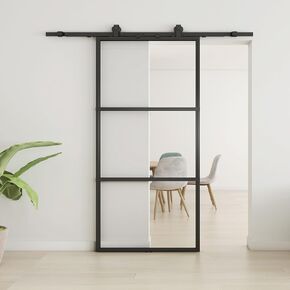 JUBEST 42in x 84in Glass Barn Door, Clear Tempered Glass Carbon Steel Pre Drilled Frame Sliding Barn Door Panel with 7FT Hardware Kit and Soft Close, Easy to Install