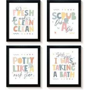 Bzstyleart 4Pcs Framed Colorful Kids Bathroom Decor, Funny Bathroom Signs Prints, Bathroom Quotes and Sayings Wall Art, Bathroom Rules Word Posters Decorations with Frame (Bathroom Signs Framed, 8X10)