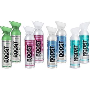 Boost Oxygen Natural Portable 10 Liter Pure Oxygen Canister, Includes Flavorless, Pink Grapefruit, Peppermint, & Menthol Eucalyptus Bottles (8 Pack)