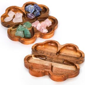 2 Pack Crystal Holder, Wood Crystal Tray for Stones Display, Wooden Rocks Gems Showcase Organizer, Acacia Flower Shaped Jewelry Plate Shelf for Gemstones Storage Altar Table Home