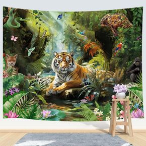 Tiger Tapestry, Jungle Tapestry Wall Hanging, Forest Animal in Tropical Rainforest Landscape Wall Tapestry Art for Room Dorm Decor Living Room Bedroom Bedspread TV Backdrop College (60Wx40L)