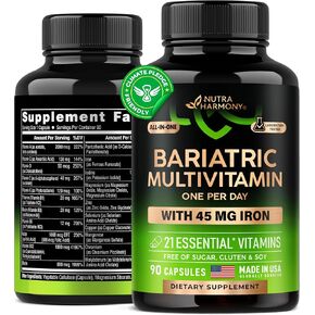 Bariatric Multivitamin - 45 mg Iron Supplements - Made in USA - for Women & Men - All-in-One, 21 Essential Vitamins - Gastric Sleeve Support - Free of Sugar, Gluten & Soy - 90 Capsules