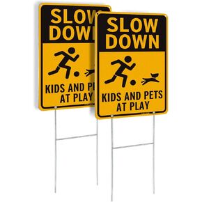 2 Pack Slow Down Metal Sign, Kids and Pets at Play Sign with H-stakes, 14"×10" Reflective Aluminum Sign, Fade Resistant/Waterproof, Including Screws, Easy to Install, Outdoor Use