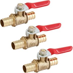 3 PCS Brass Ball Valve Brass Mini Ball Valve Shut Off Switch with 180 Degree Operation Handle and 3/8" Hose Barb x 3/8" Hose Barb for Water Air Fuel Hose Oil Air Line Pipe Fittings