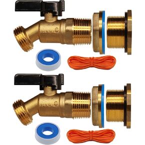 RBS022 LF Brass Rain Barrel Spigot(3/4" Quarter Turn Ball Valve w/Bulkhead Fitting, Thread Tape and Cord) (2 Pack)