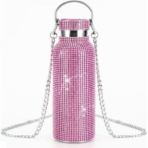 Bling Diamond Thermal Bottle,Glitter Water Bottles, Stainless Steel Thermal Bottle Refillable Water Bottle with Chain for Women (500ml, pink)