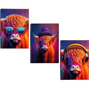 JOY CONCEPT Highland Cow Wall Art-Gift Ready- Set of 3 Wall Canvases 12x16 inches-Colorful Cow Pictures for home or office-Modern Farmhouse Wall Decor