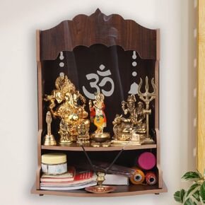 Pooja Wooden Mandir for Home Wall Mounted | Wood Puja Home Temple with Double Shelf for Storage and God Idols Decoration for Living Room, Bedroom and Office