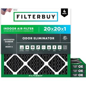 Filterbuy 20x20x1 Air Filter MERV 8 Odor Eliminator (4-Pack), Pleated HVAC AC Furnace Air Filters Replacement with Activated Carbon (Actual Size: 19.50 x 19.50 x 0.75 Inches)