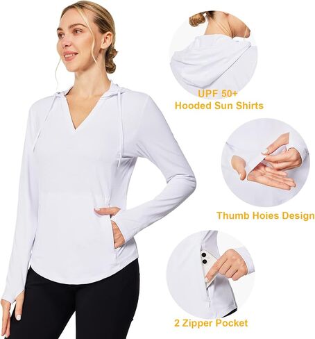 Casei Womens UPF50+ Sun Protection Hoodie Lightweight Hiking Shirts Long Sleeve for Running Fishing with 2 Zipper Pockets in Kuwait