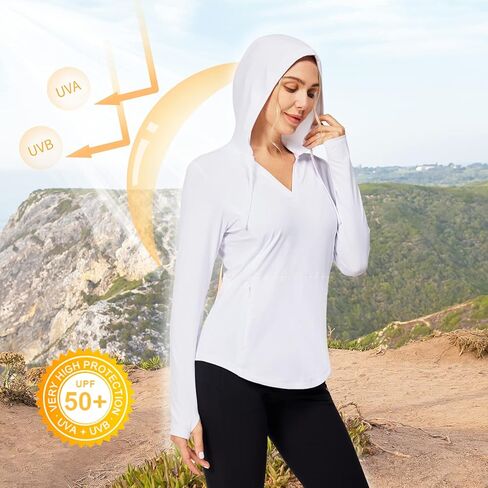 Casei Womens UPF50+ Sun Protection Hoodie Lightweight Hiking Shirts Long Sleeve for Running Fishing with 2 Zipper Pockets in Kuwait