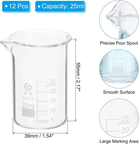PATIKIL 25ml Low Form Glass Beaker, 12Pcs 3.3 Borosilicate Glass Beakers Graduated Measuring Cup with Spout for Lab Experiment, Cooking and Baking, Clear in Saudi Arabia