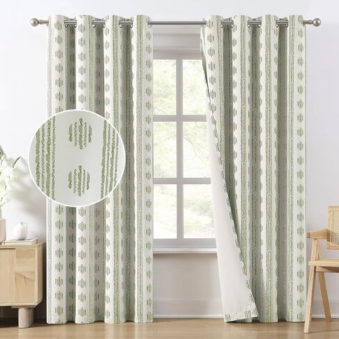 Melodieux Blackout Boho Curtains for Bedroom 84 Inch Length 2 Panels Set Sage Green on Beige Striped Pattern Cotton Curtains Grommet Room Darkening Curtains for Living Room Thermal Insulated in Kuwait