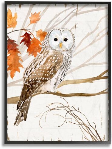 Stupell Industries Owl in Autumn Forest Animal Watercolor Painting Black Framed Wall Art, 16x20, Design by Artist Victoria Borges in Saudi Arabia