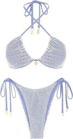 Women's Bikini Sets Halter Fishnet Shell Decorated Two Piece Swimsuit Sexy Side Tie Thong Bandeau Bathing Suits in Saudi Arabia