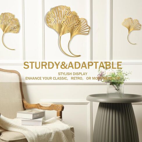 RattanView 8 Pcs Gold Metal Leaf Wall Decor Golden Hollow Ginkgo Leaf Decor Wall Art Hanging Modern Floral Wall Sculpture for Home, Living Room, Bedroom, Office, Study, 5.9'', 7.87'', 9.84'', 11.81'' in Saudi Arabia