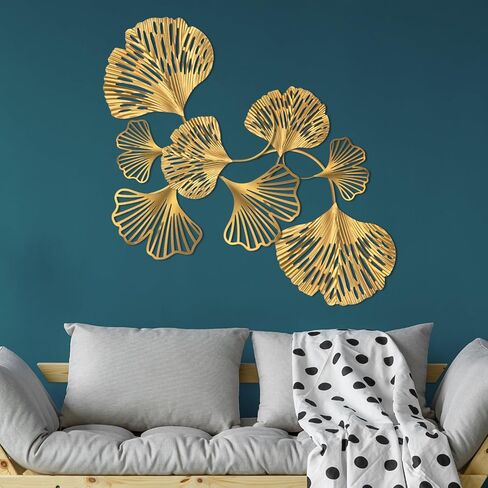 RattanView 8 Pcs Gold Metal Leaf Wall Decor Golden Hollow Ginkgo Leaf Decor Wall Art Hanging Modern Floral Wall Sculpture for Home, Living Room, Bedroom, Office, Study, 5.9'', 7.87'', 9.84'', 11.81'' in Saudi Arabia