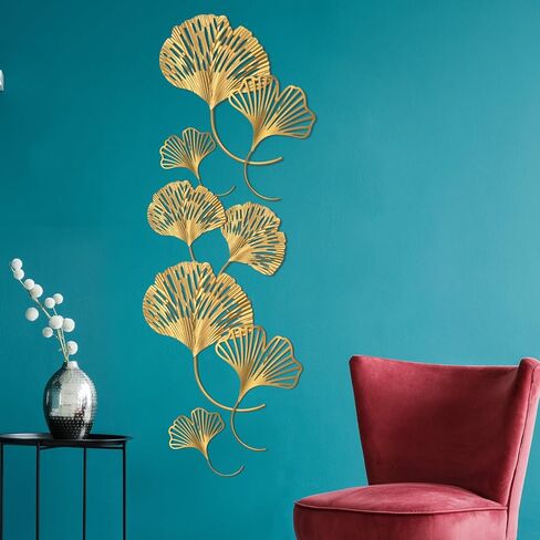 RattanView 8 Pcs Gold Metal Leaf Wall Decor Golden Hollow Ginkgo Leaf Decor Wall Art Hanging Modern Floral Wall Sculpture for Home, Living Room, Bedroom, Office, Study, 5.9'', 7.87'', 9.84'', 11.81'' in Saudi Arabia