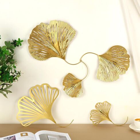 RattanView 8 Pcs Gold Metal Leaf Wall Decor Golden Hollow Ginkgo Leaf Decor Wall Art Hanging Modern Floral Wall Sculpture for Home, Living Room, Bedroom, Office, Study, 5.9'', 7.87'', 9.84'', 11.81'' in Saudi Arabia