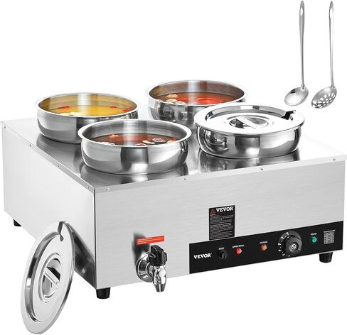 VEVOR Electric Soup Warmer, Four 7.4QT Stainless Steel Round Pot 86~185°F Adjustable Temp, 1500W Commercial Bain Marie with Anti-Dry Burn and Reset Button, Soup Station for Restaurant, Buffet, Silver in Saudi Arabia