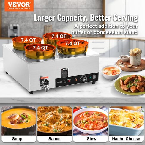 VEVOR Electric Soup Warmer, Four 7.4QT Stainless Steel Round Pot 86~185°F Adjustable Temp, 1500W Commercial Bain Marie with Anti-Dry Burn and Reset Button, Soup Station for Restaurant, Buffet, Silver in Saudi Arabia