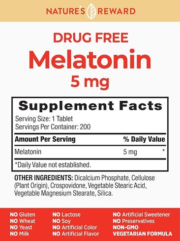 Melatonin 5mg – 200 Count – Non-GMO & Gluten Free Supplement – by Nature’s Reward in Kuwait