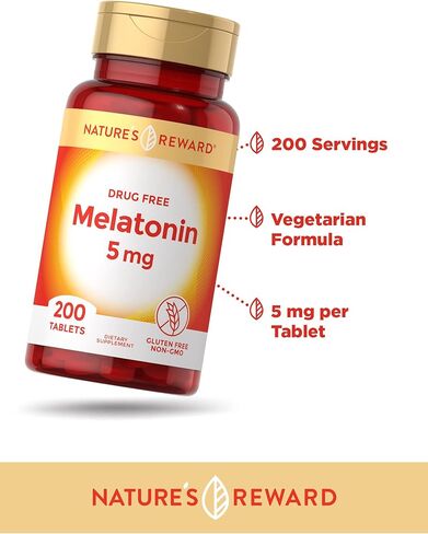 Melatonin 5mg – 200 Count – Non-GMO & Gluten Free Supplement – by Nature’s Reward in Kuwait