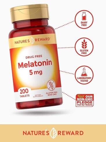 Melatonin 5mg – 200 Count – Non-GMO & Gluten Free Supplement – by Nature’s Reward in Kuwait