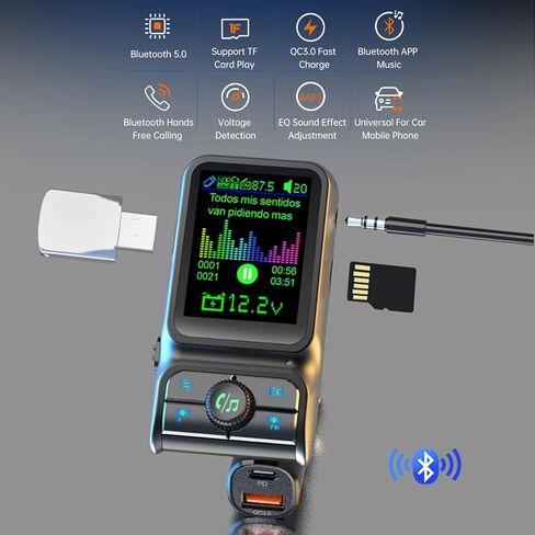 ILOKEY Bluetooth FM Transmitter for Car 1.5" Color Screen Display Wireless Handsfree Radio Transmitter Car Charger Adapter Support TF Card USB Flash Drive 48W PD/ QC3.0 Dual USB Charging (Black) in Saudi Arabia