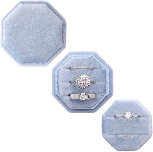 2 IN 1 Ring Box Wedding Day, Octagon 3 and 2 Slot Ring Box, Premium Double Rings Bearer Holder, Handmade Velvet Ring Gift Box for Proposal Engagement Ceremony Christmas Travel (Dusty Blue) in Saudi Arabia