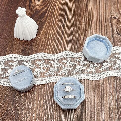 2 IN 1 Ring Box Wedding Day, Octagon 3 and 2 Slot Ring Box, Premium Double Rings Bearer Holder, Handmade Velvet Ring Gift Box for Proposal Engagement Ceremony Christmas Travel (Dusty Blue) in Saudi Arabia
