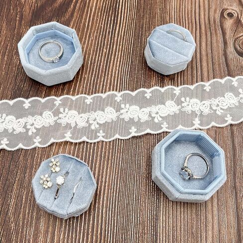 2 IN 1 Ring Box Wedding Day, Octagon 3 and 2 Slot Ring Box, Premium Double Rings Bearer Holder, Handmade Velvet Ring Gift Box for Proposal Engagement Ceremony Christmas Travel (Dusty Blue) in Saudi Arabia