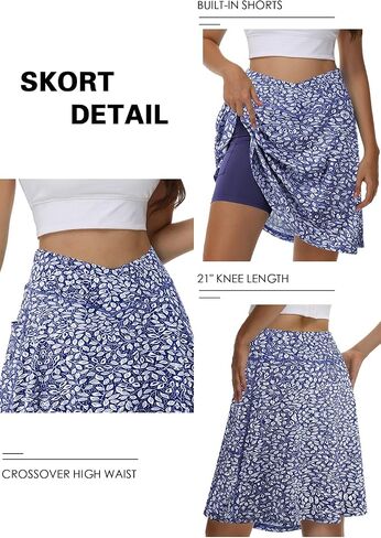 KORALHY 21" Knee Length Golf Skorts Skirts for Women Cross Waist Athletic Skorts with Shorts Tennis Skirt with 3 Pockets in Kuwait