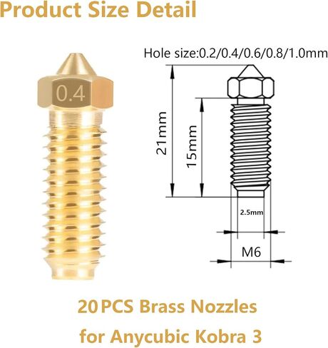 20PCS Barss Nozzles Kit for Kobra 3, 3D Printer 8PCS 0.4mm and 3PCS 0.2mm, 0.6mm, 0.8mm, 1.0mm Nozzles Kit for Anycubic Kobra 3, Kobra 3 Combo in Kuwait