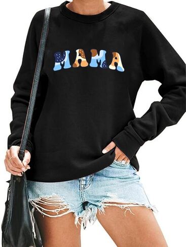 Mama Sweatshirts Women Funny Mom Embroidered Letter Graphic Crewneck Long Sleeve Mom Shirts Pullover Blouse Tops in Saudi Arabia