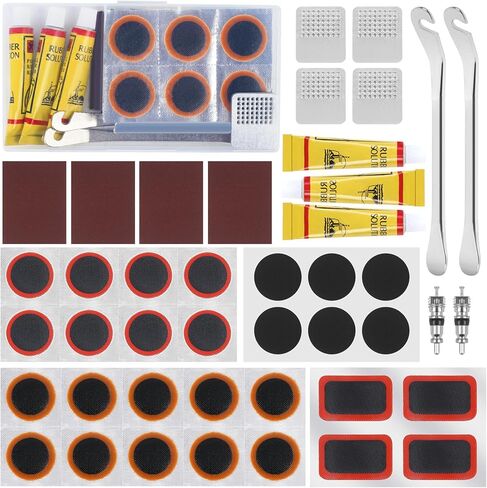 طقم إصلاح أنبوب إطار الدراجة Vefungyan: 28 قطعة من رقع الفلكنة ورافعتين من الفولاذ المقاوم للصدأ مجموعة أنبوب عرموش معدنية لركوب الدراجات على الطرق MTB BMX in Kuwait