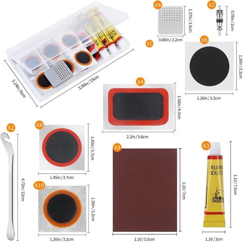 طقم إصلاح أنبوب إطار الدراجة Vefungyan: 28 قطعة من رقع الفلكنة ورافعتين من الفولاذ المقاوم للصدأ مجموعة أنبوب عرموش معدنية لركوب الدراجات على الطرق MTB BMX in Kuwait