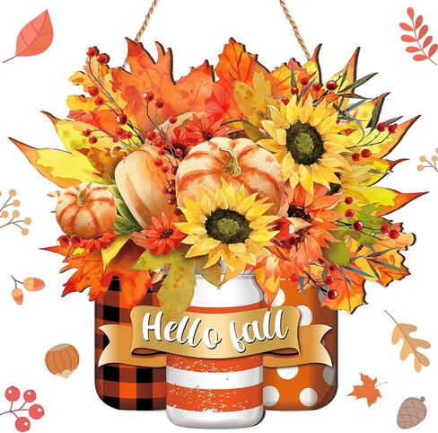 Barydat Hello Fall Door Sign Fall Wreaths for Front Door Pumpkin Maple Leaf Sign Wooden Wreath Decor Autumn Thanksgiving Signs for Porch Yard Farmhouse Home Decorations Indoor Outdoor in Saudi Arabia