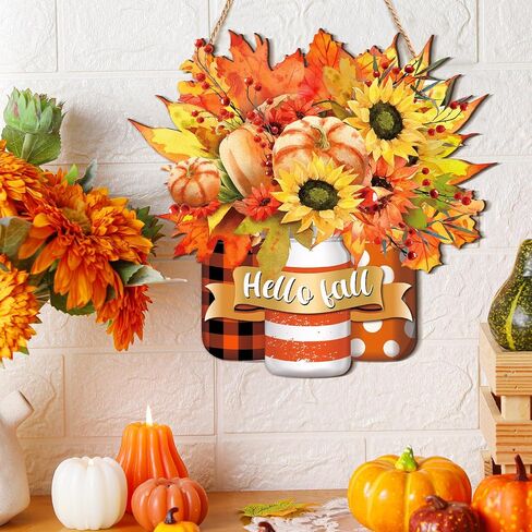 Barydat Hello Fall Door Sign Fall Wreaths for Front Door Pumpkin Maple Leaf Sign Wooden Wreath Decor Autumn Thanksgiving Signs for Porch Yard Farmhouse Home Decorations Indoor Outdoor in Saudi Arabia