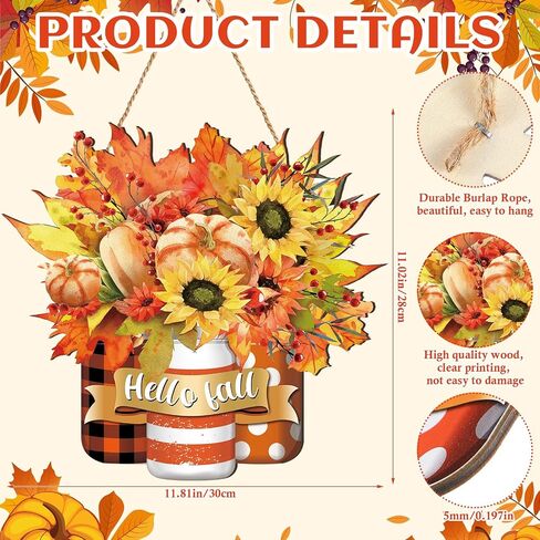 Barydat Hello Fall Door Sign Fall Wreaths for Front Door Pumpkin Maple Leaf Sign Wooden Wreath Decor Autumn Thanksgiving Signs for Porch Yard Farmhouse Home Decorations Indoor Outdoor in Saudi Arabia
