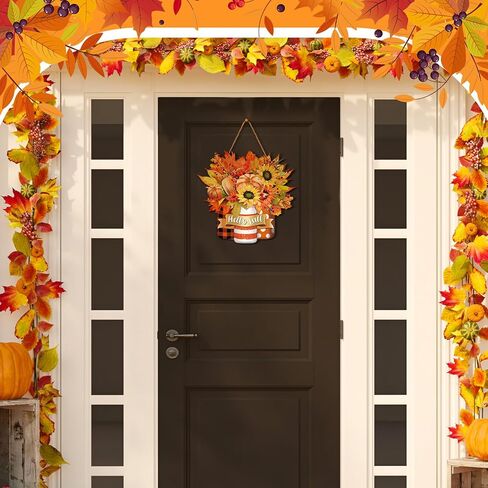 Barydat Hello Fall Door Sign Fall Wreaths for Front Door Pumpkin Maple Leaf Sign Wooden Wreath Decor Autumn Thanksgiving Signs for Porch Yard Farmhouse Home Decorations Indoor Outdoor in Saudi Arabia