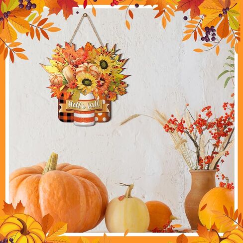 Barydat Hello Fall Door Sign Fall Wreaths for Front Door Pumpkin Maple Leaf Sign Wooden Wreath Decor Autumn Thanksgiving Signs for Porch Yard Farmhouse Home Decorations Indoor Outdoor in Saudi Arabia