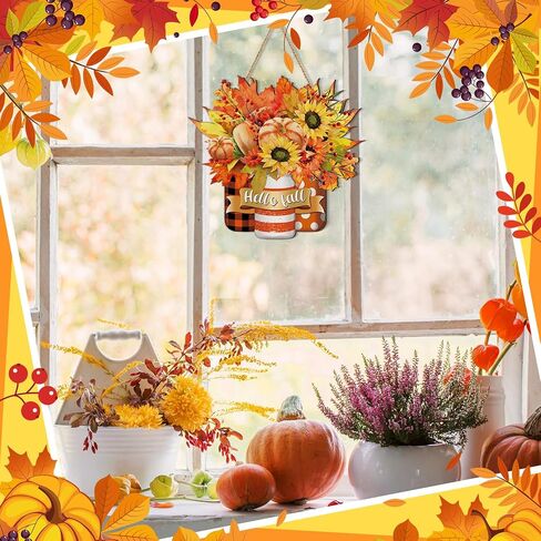 Barydat Hello Fall Door Sign Fall Wreaths for Front Door Pumpkin Maple Leaf Sign Wooden Wreath Decor Autumn Thanksgiving Signs for Porch Yard Farmhouse Home Decorations Indoor Outdoor in Saudi Arabia