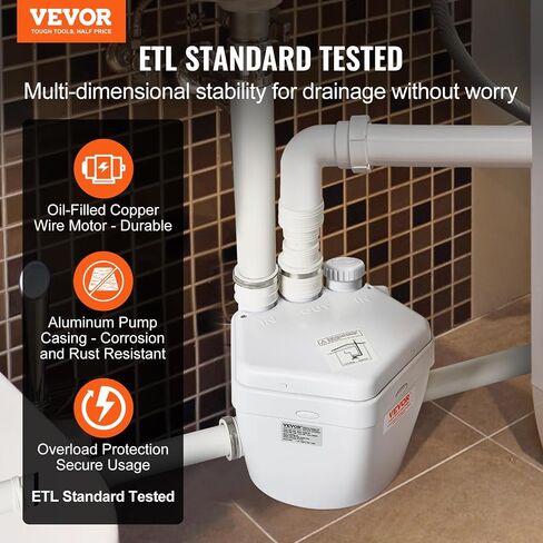 VEVOR Utility Sink Pump, 1/3 HP, 120-Volt, 1750 GPH Flow, 18 ft Head, Under-Sink Sump Pump System with Copper Wire Motor, Heavy-Duty Utility/Laundry Sink Pump, Drain Pump with 1-1/2" Outlet, White in Kuwait