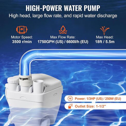 VEVOR Utility Sink Pump, 1/3 HP, 120-Volt, 1750 GPH Flow, 18 ft Head, Under-Sink Sump Pump System with Copper Wire Motor, Heavy-Duty Utility/Laundry Sink Pump, Drain Pump with 1-1/2" Outlet, White in Kuwait